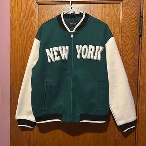 New Look Dark Green and White 'New York' Varsity Bomber Jacket
